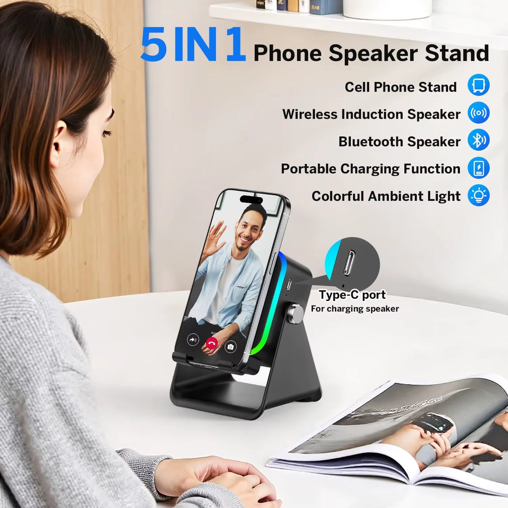 5 in 1 Auto-Induction 5000Mah Wireless Induction Speaker 8 RGB Lights HIFI Sound Portable Bluetooth Phone Holder Gifts
